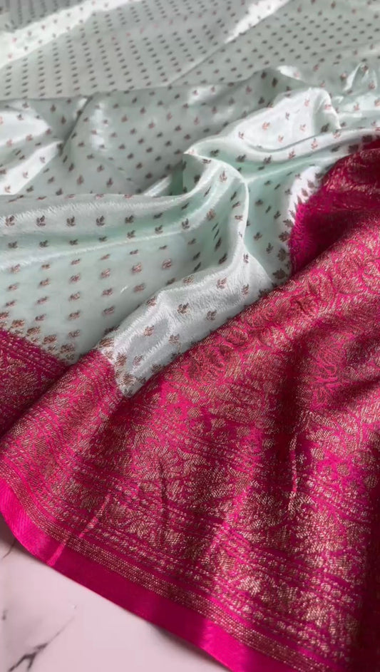 Pale blue with pink Pure Crepe chiffon banarasi saree