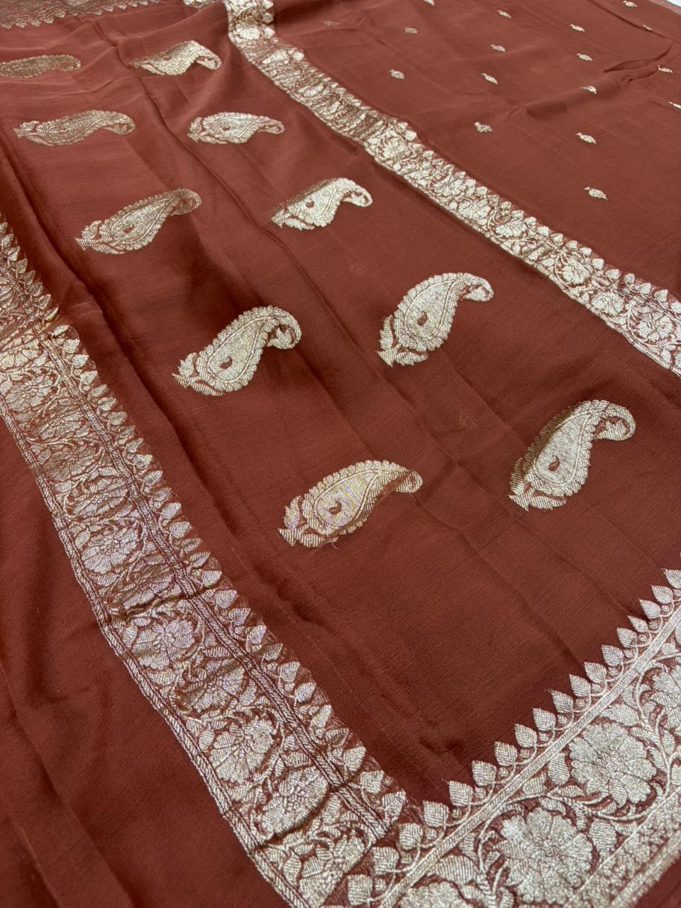 Chocolate Brown Pure chiffon Banarasi sarees