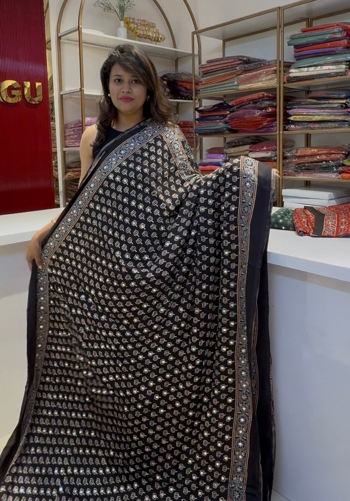 Real mirror glued black Ajrakh pure Modal Silk saree