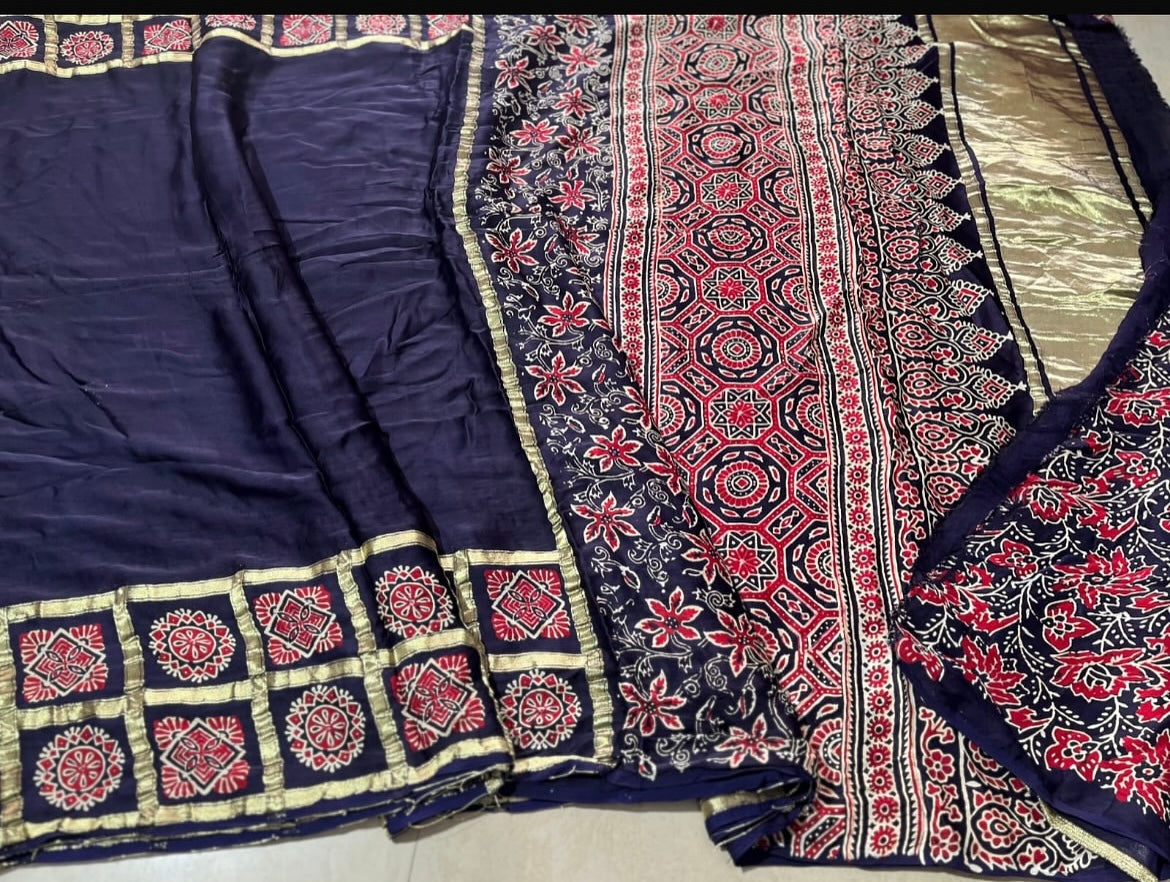 Bandhej ajrakh modal silk saree with lagadi pallu