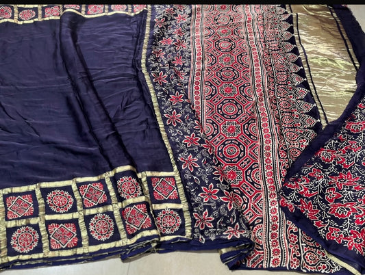 Bandhej ajrakh modal silk saree with lagadi pallu