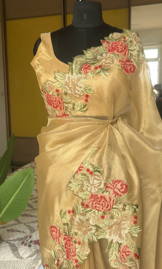Cut work tissue silk saree with embroidery work