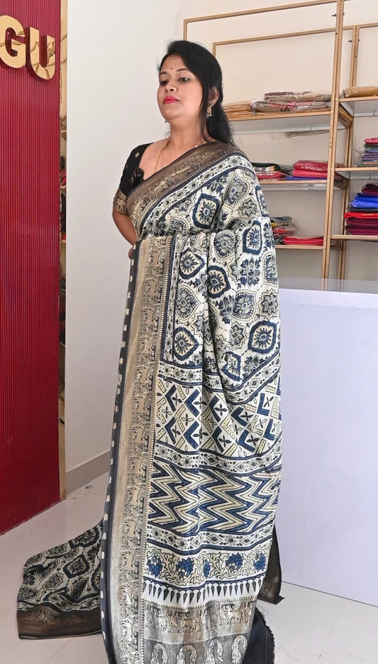 Pista Green Dola Silk Saree with ajrakh hand block print