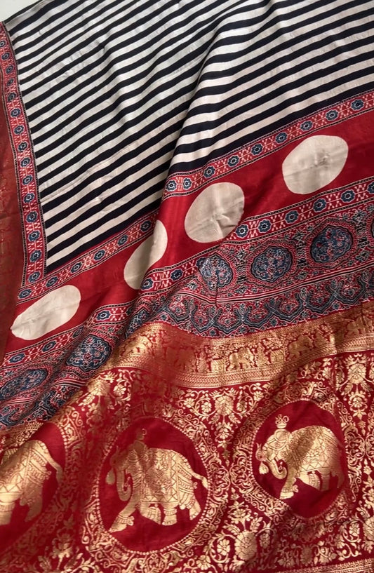 Red Dola Silk Saree with ajrakh hand block print