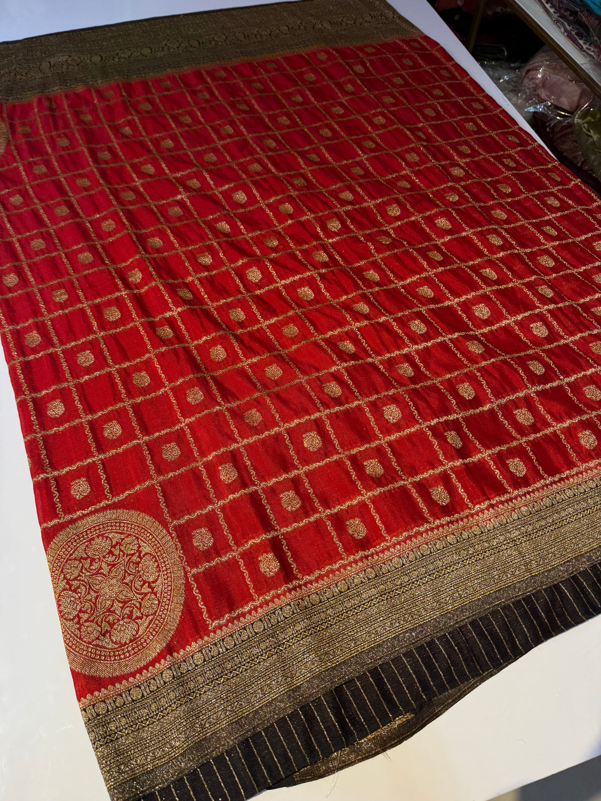 Red with black Semi Khaddi georgette Saree.