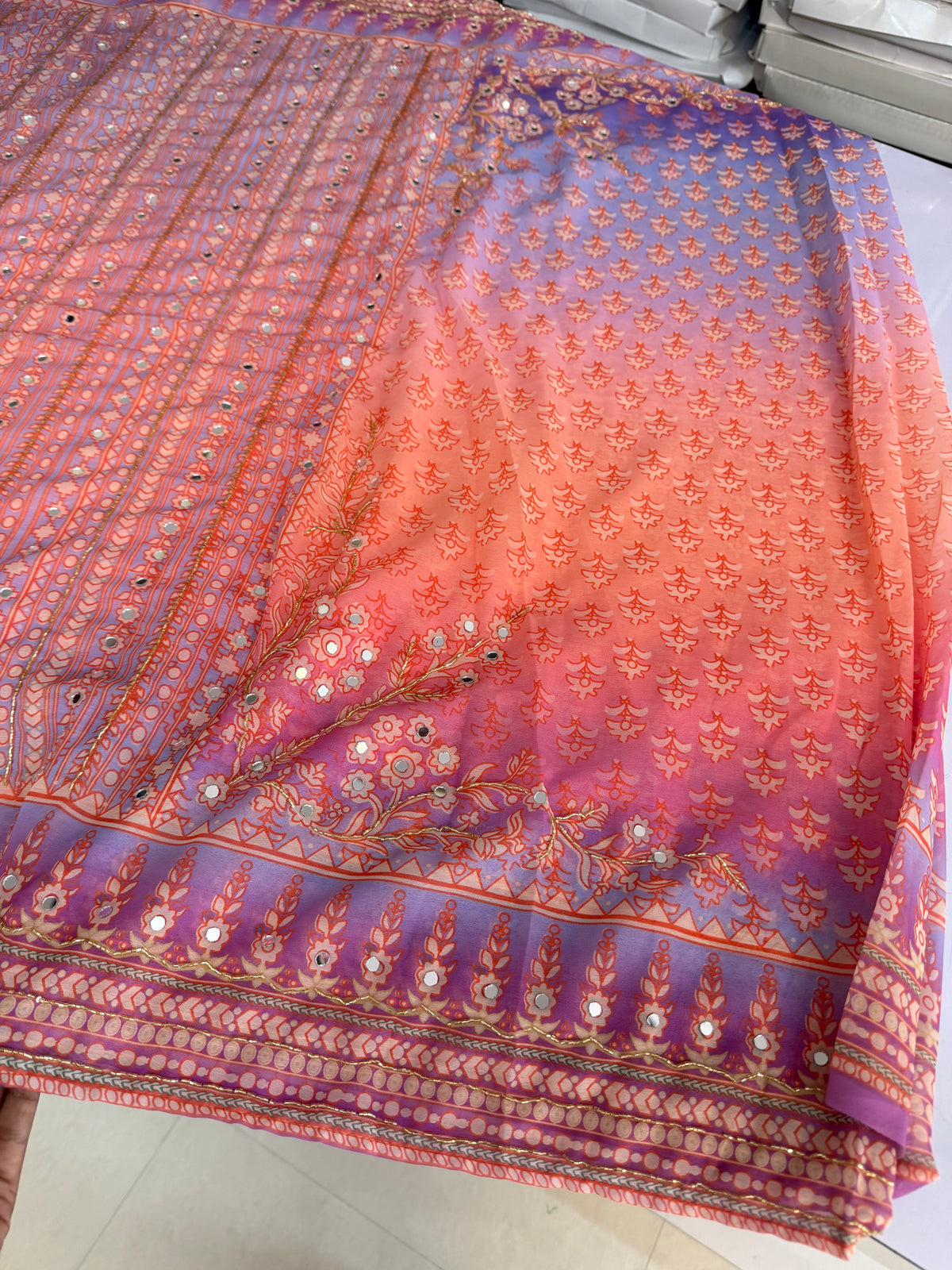 Dual shade Soft georgette Kardana and real mirror work saree hand work.