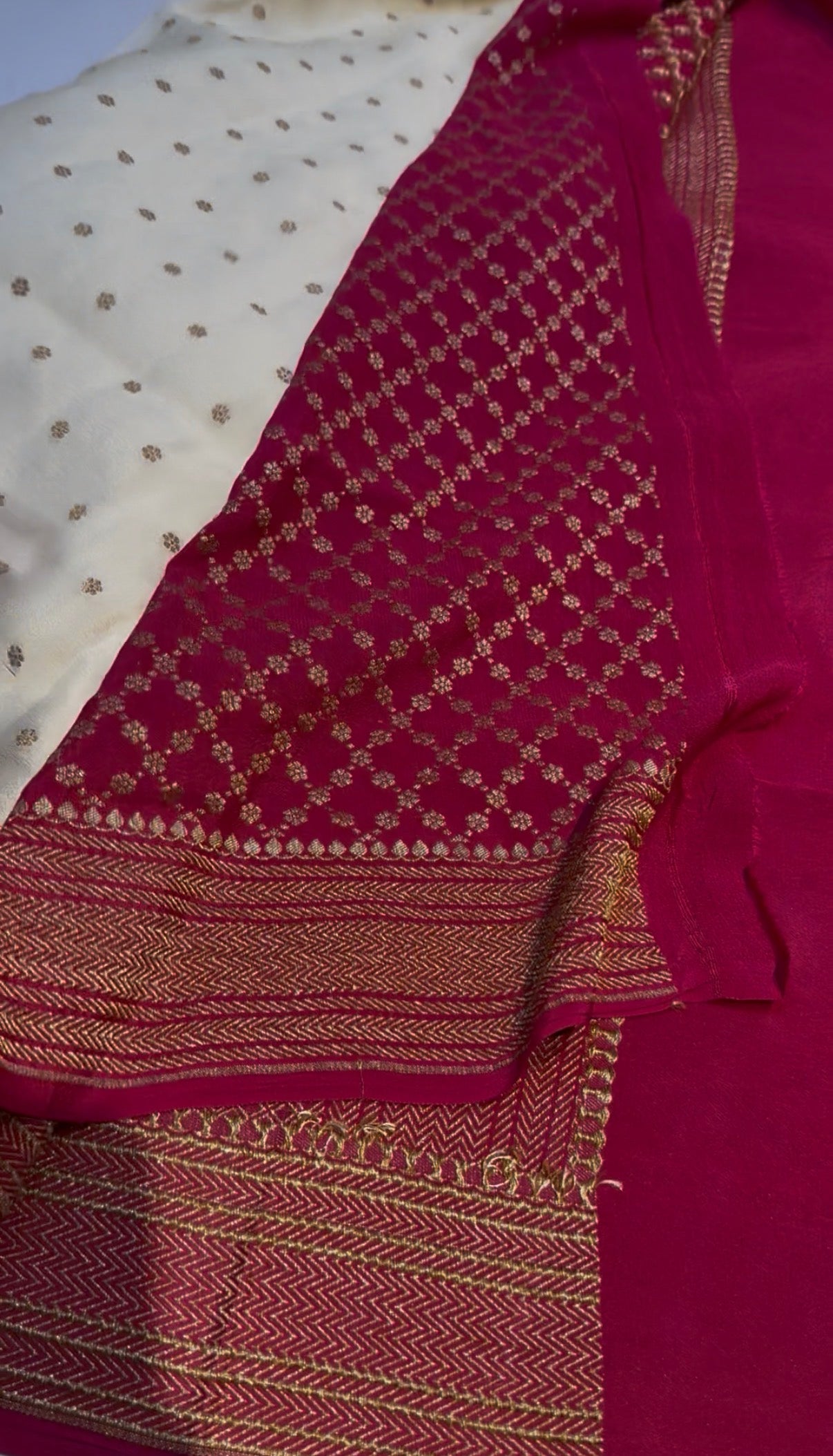 Off white with pink Pure crepe Banarasi Saree