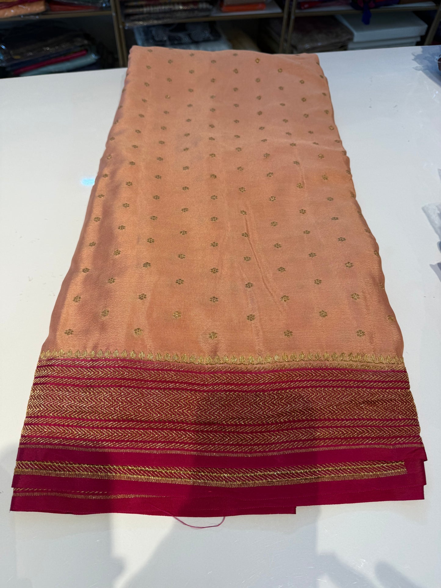 Peach with pink pure crepe Banarasi saree