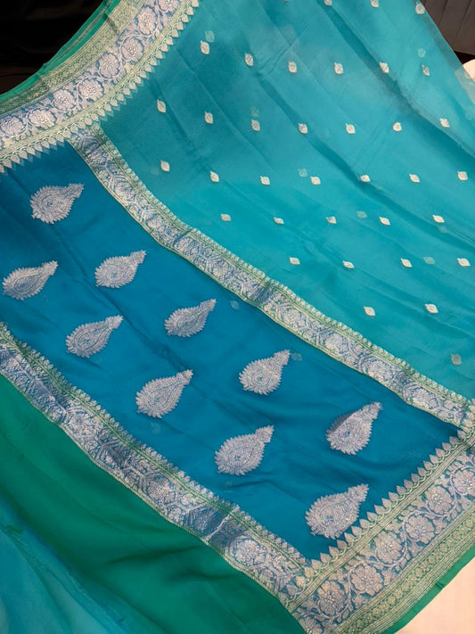 Dual shade blue with green pure chiffon Banarasi sarees