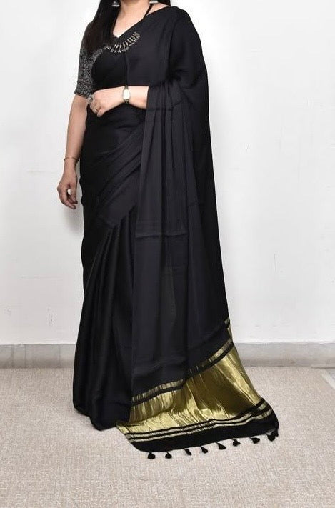 Black Pure plain modal silk saree with lagadi pallu