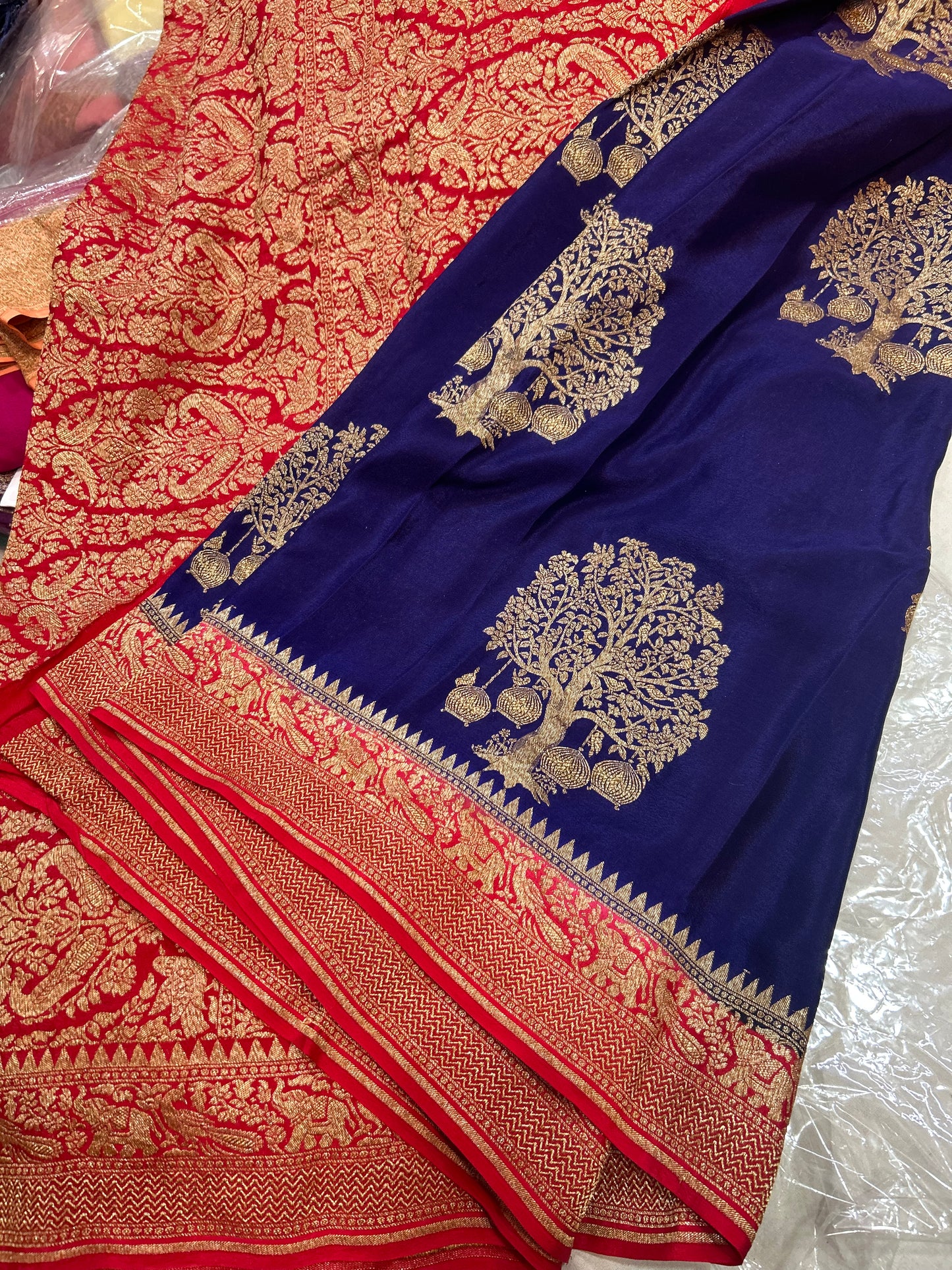 Royal Blue with Red pure crepe Banarasi saree(pure103)
