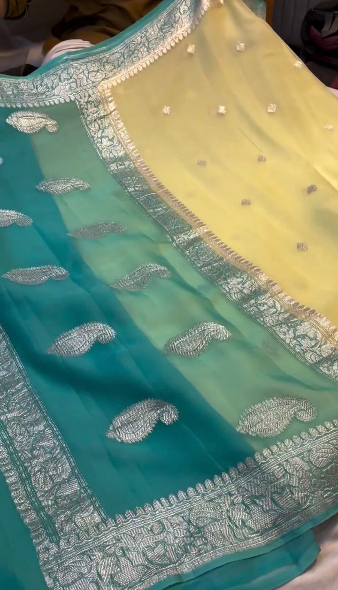 Lime yellow with aqua green Pure chiffon Banarasi sarees