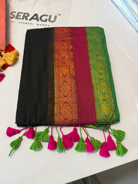 120 count pure mul Cotton With Long Tassels Saree black