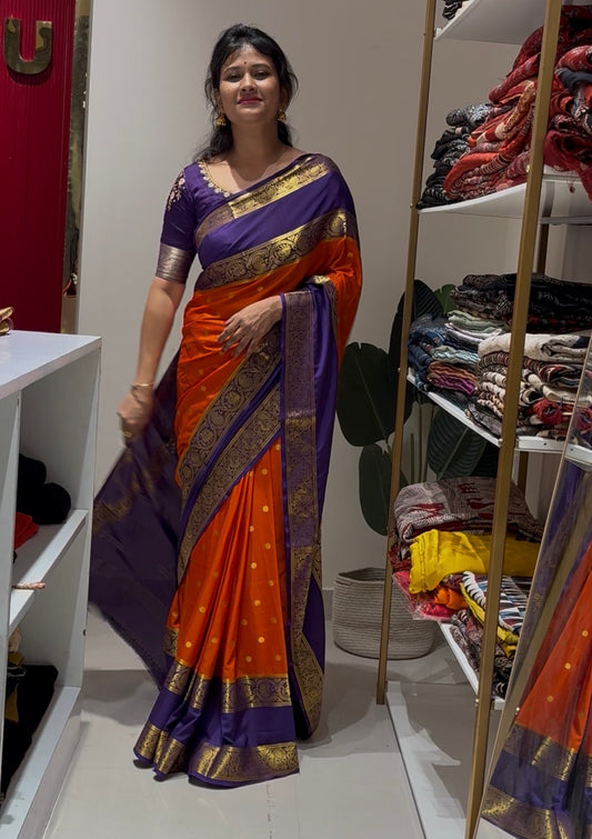 Orange with purple semi crepe silk saree