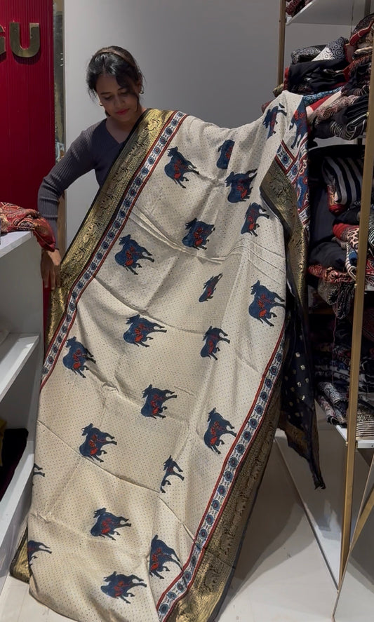 Pichwali Design Dola Silk Saree with ajrakh hand block print