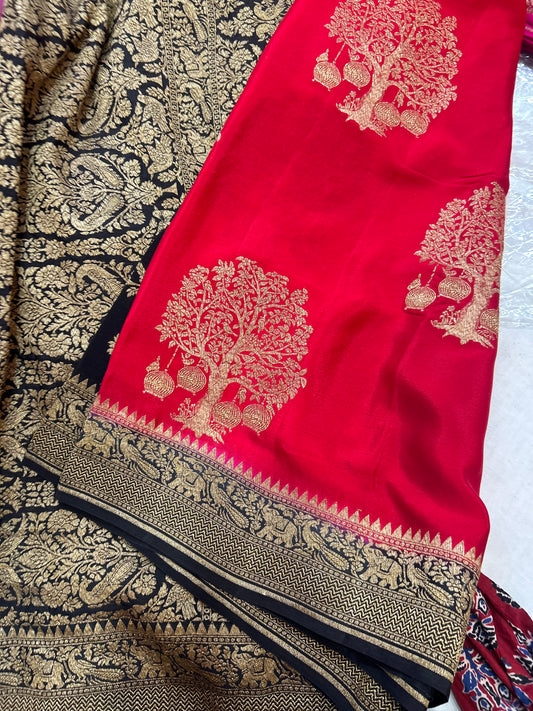 Red with black pure crepe Banarasi saree(pure106)