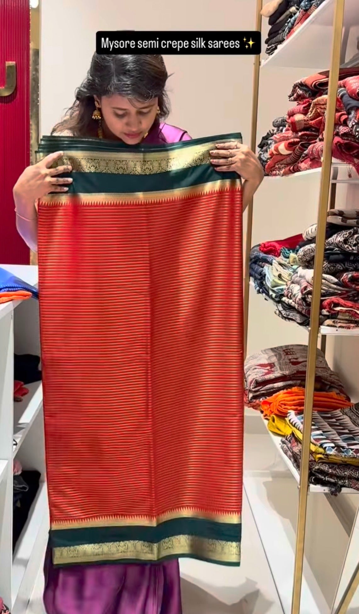 Red with green semi mysore crepe silk saree