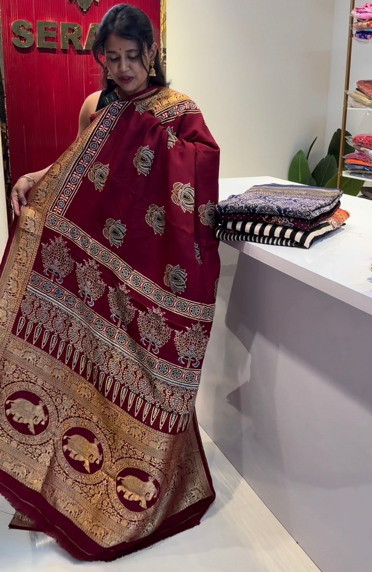 Dola Silk Saree with ajrakh hand block print