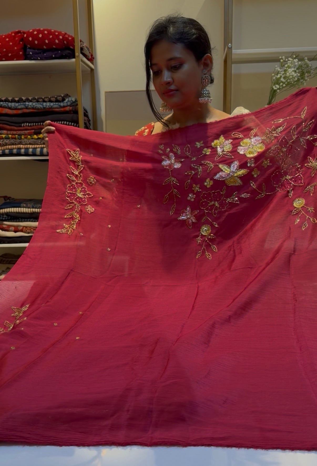 Pinkish red hand work designer saree