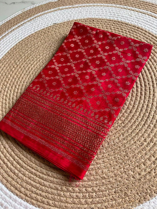 Red pure crepe chiffon Banarasi blouse piece 1 meter.