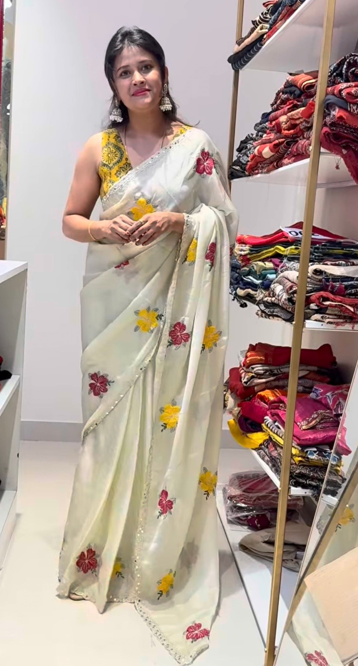Yellow floral embroidery mirror work saree