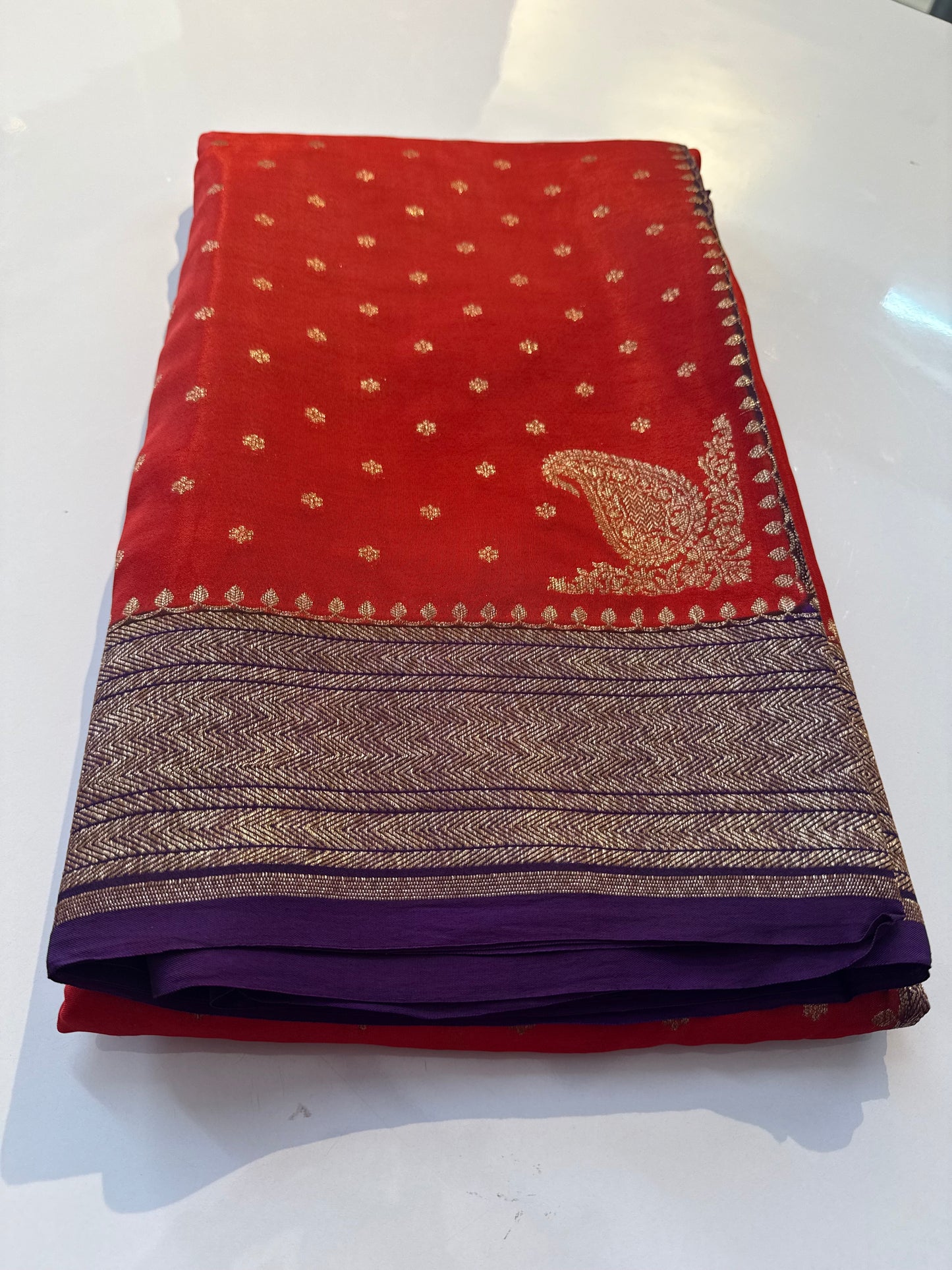Orange with purple Pure Crepe chiffon banarasi saree with konia design(koniaorange)