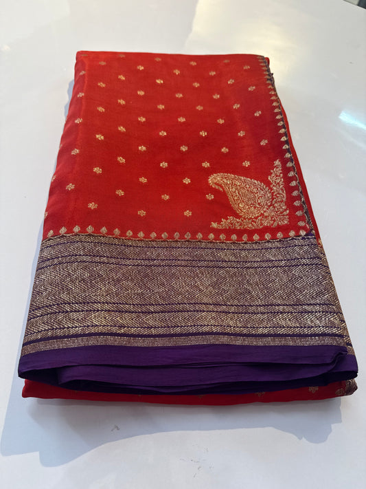 Orange with purple Pure Crepe chiffon banarasi saree with konia design(koniaorange)