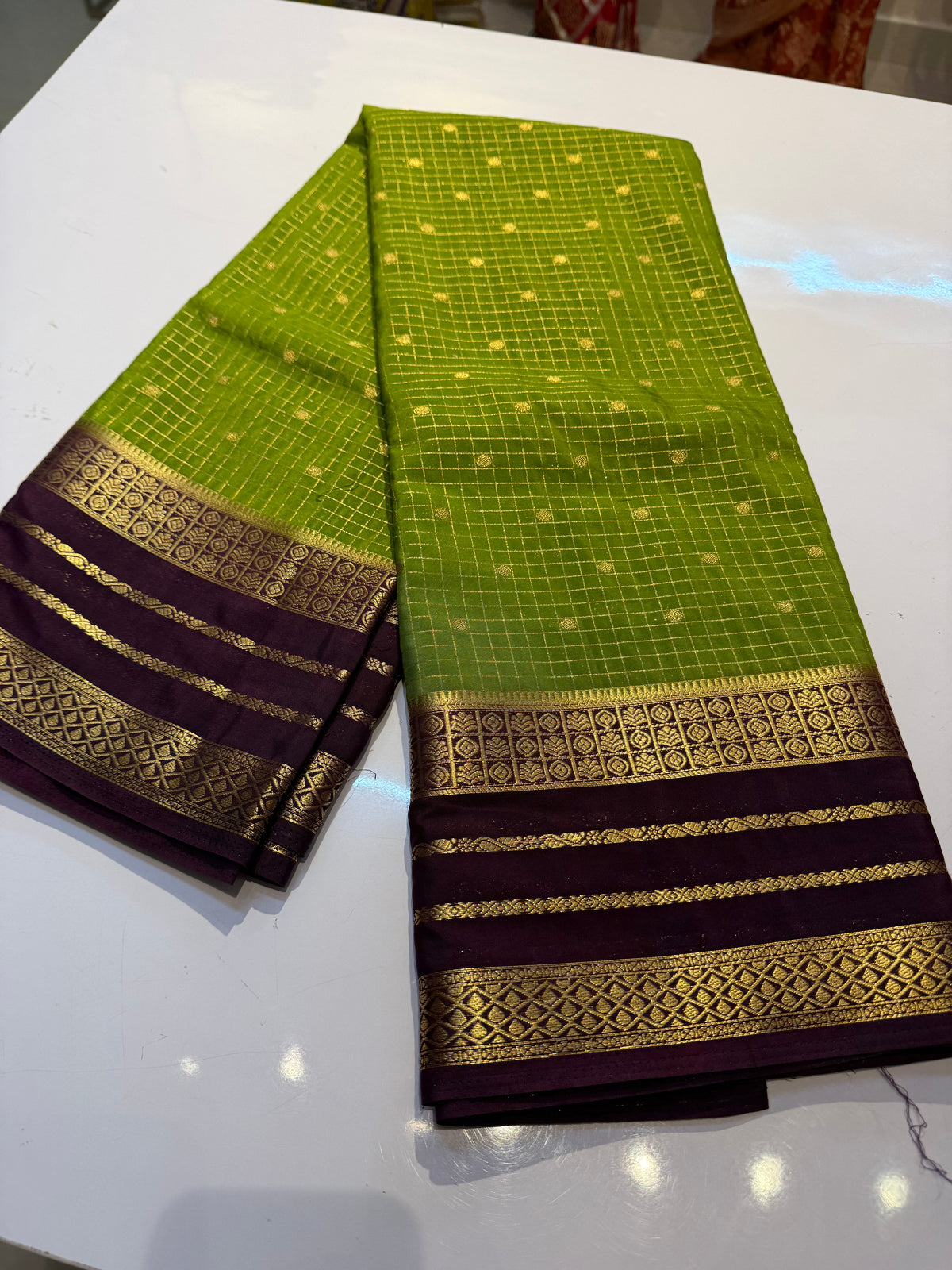 Parrot green with deep purple premium semi crepe silk saree(SBSG90)