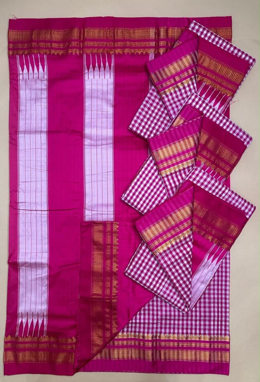 Pink ilkal checked pure cotton saree