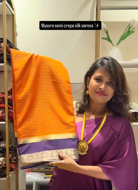 Orange with blue semi mysore crepe silk saree