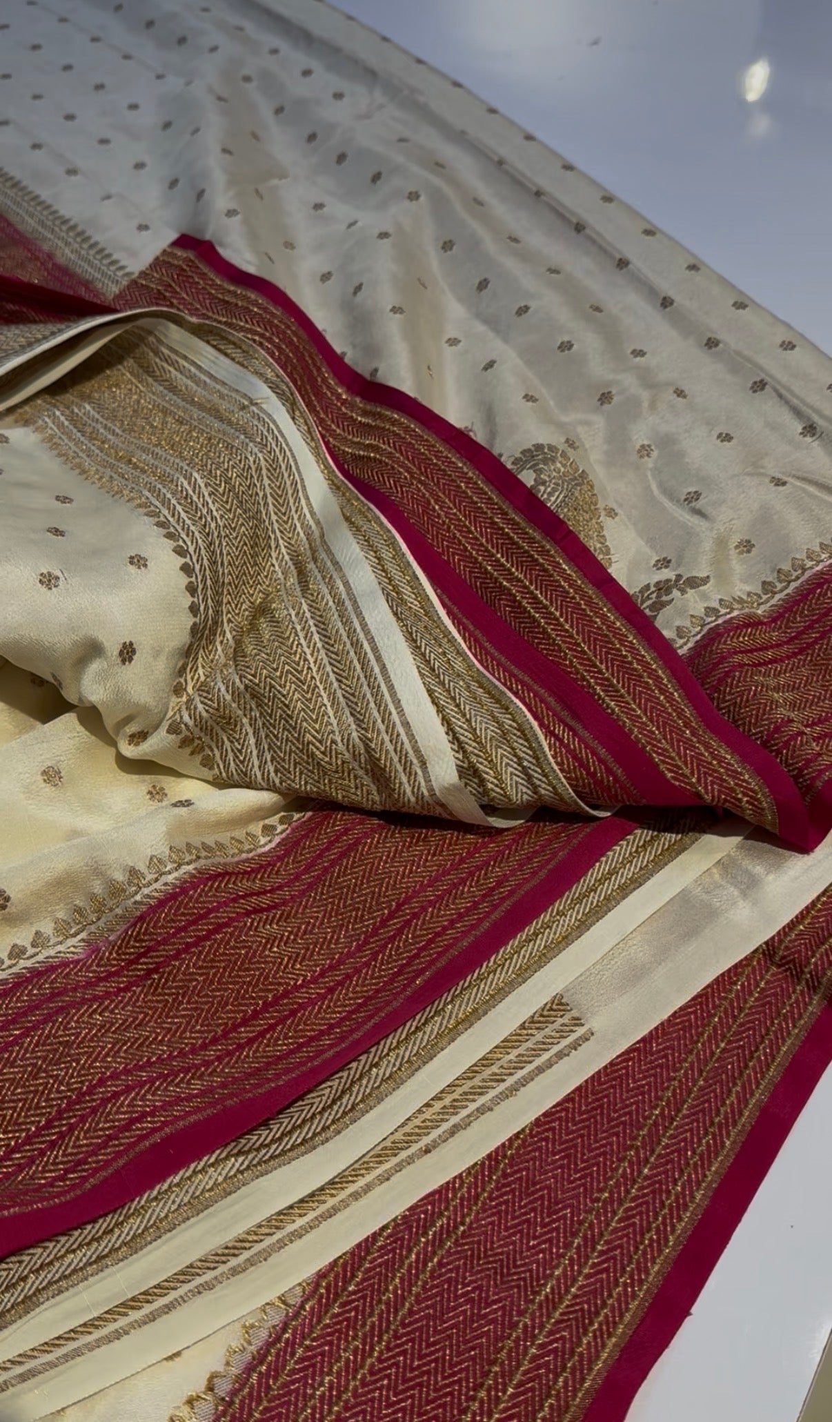 Off white with pink Pure crepe Banarasi Saree