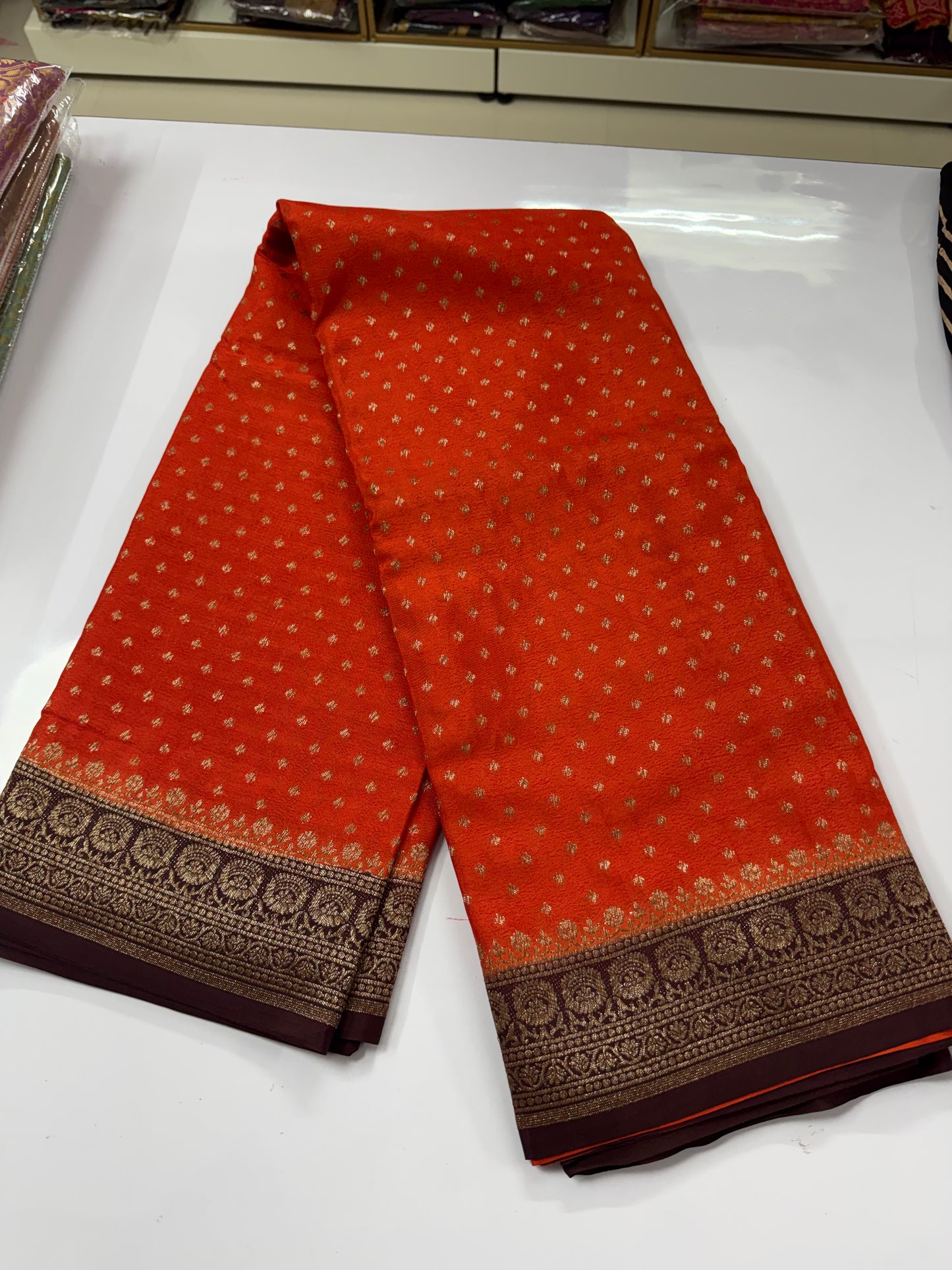 Rust orange with chocolate Brown Pure Crepe chiffon banarasi saree(PCC100)