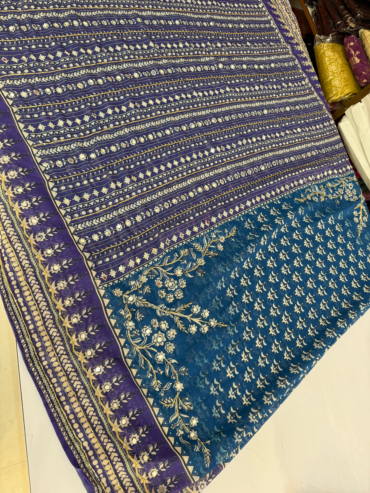 Dual shade Soft georgette Kardana and real mirror work saree hand work.