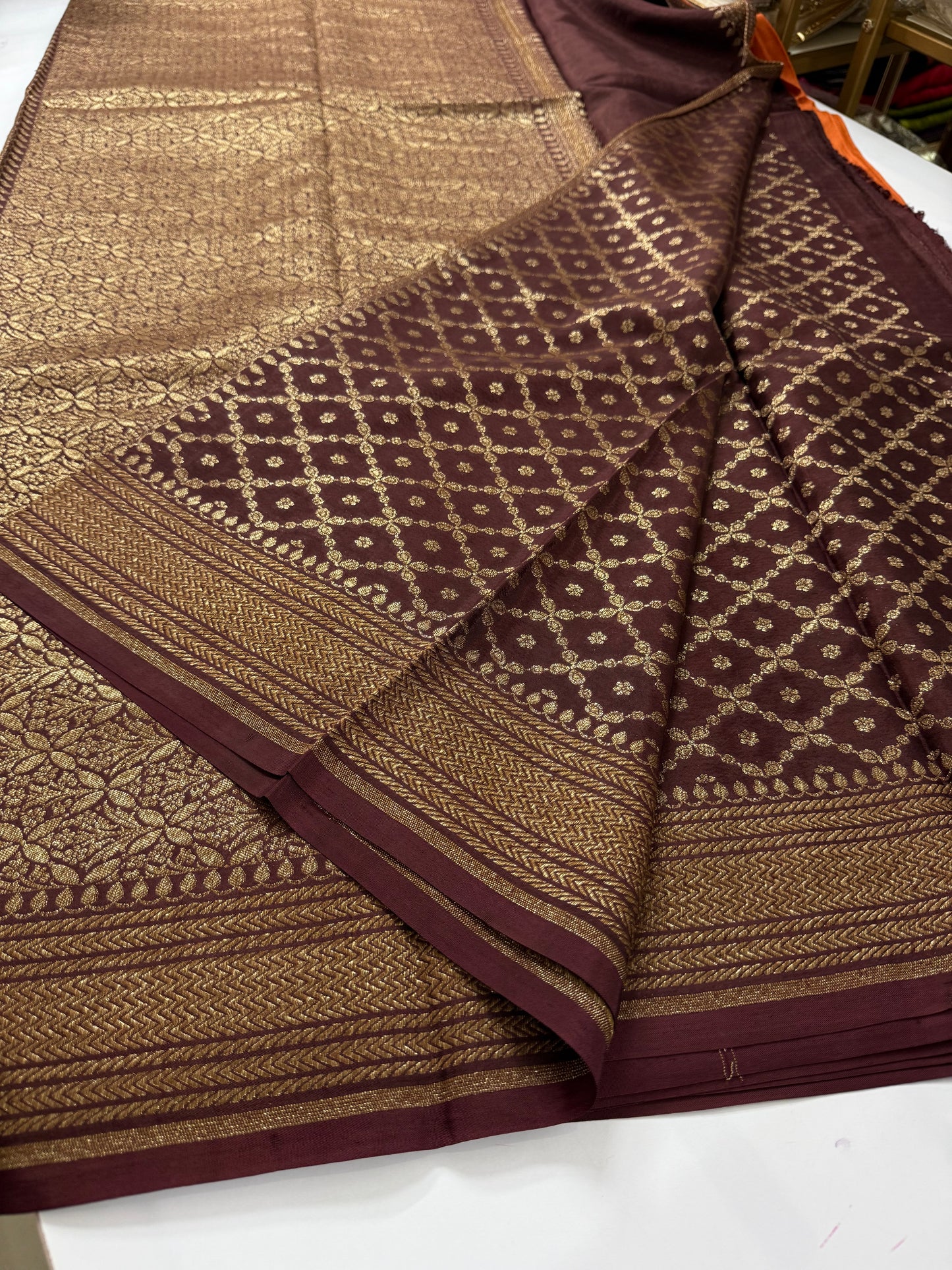 Rust orange with brown Pure Crepe chiffon banarasi saree with konia design