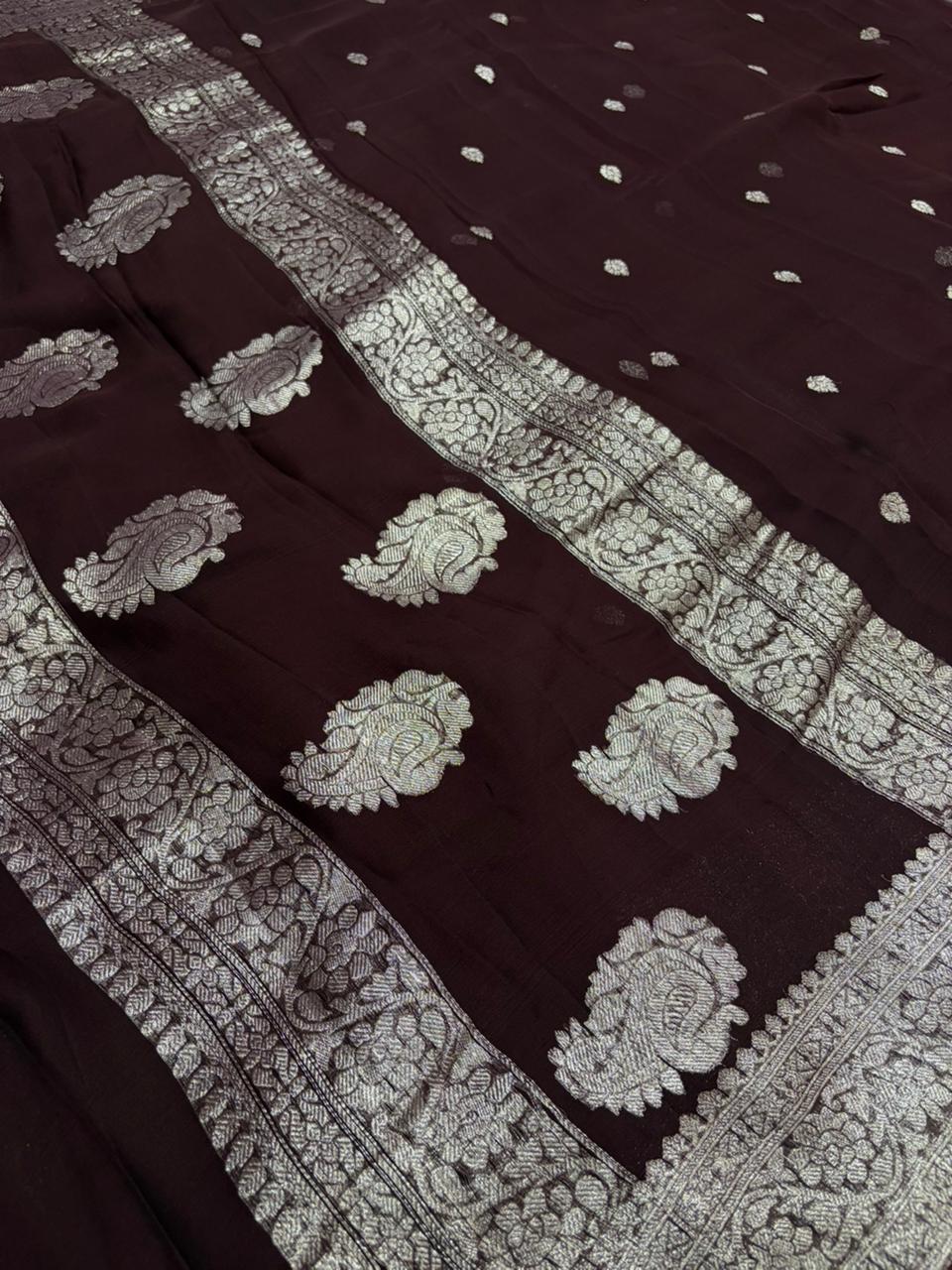 Coffe brown Pure chiffon Banarasi sarees