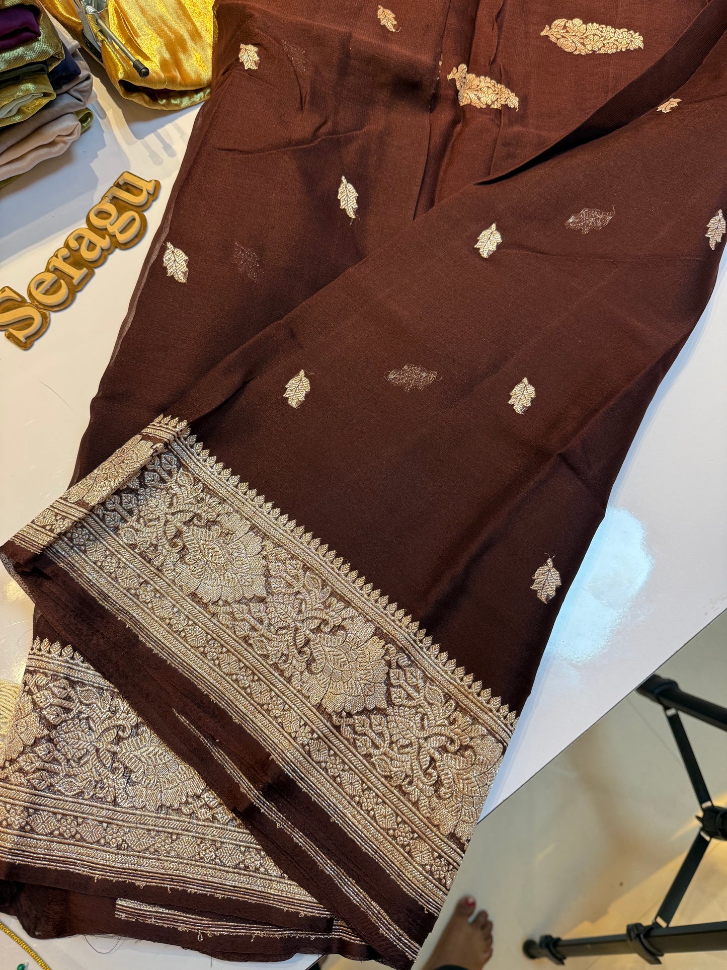 Chocolate brown pure chiffon Banarasi sarees