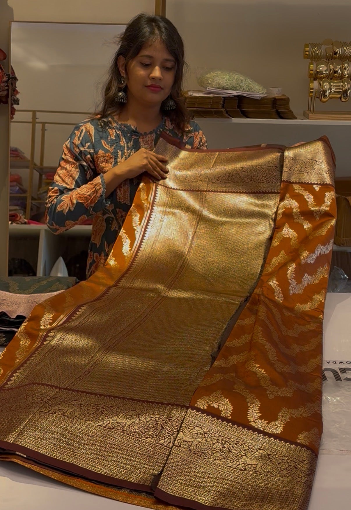 Rust orange semi Kanchi saree