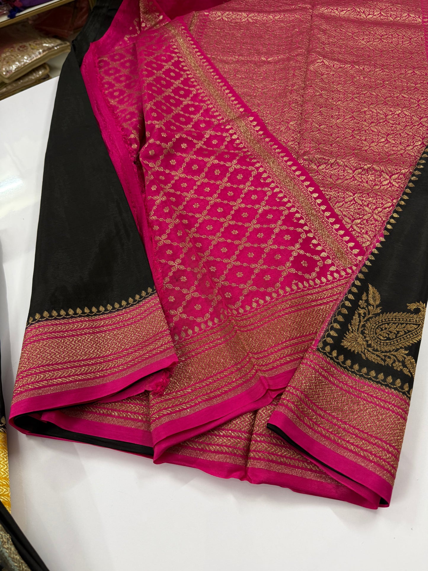 Black with pink Pure Crepe chiffon banarasi saree with konia design(koniapink)