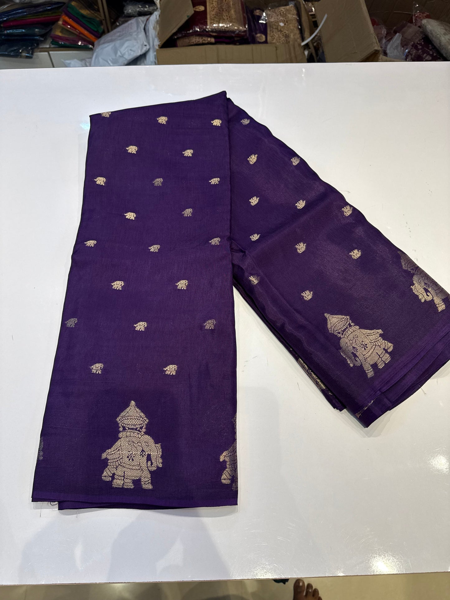 Purple viscose saree with elephant buttas