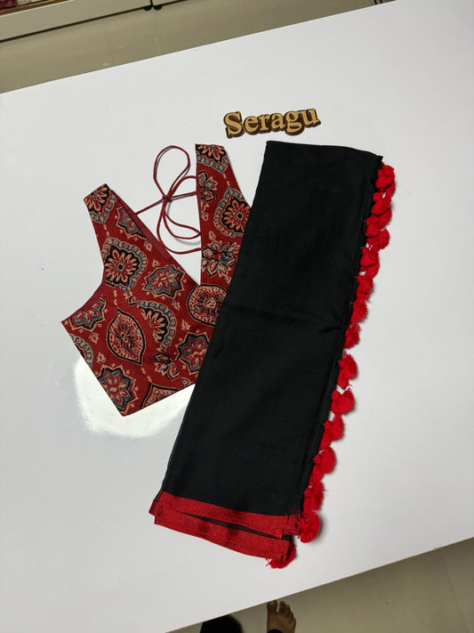 Ajrakh Red Blouse & Saree Set