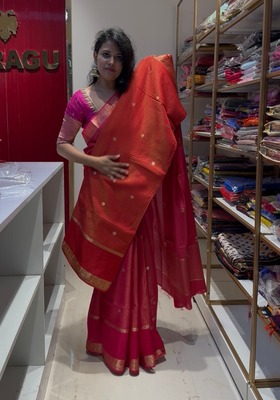 Red Viscose stripes saree