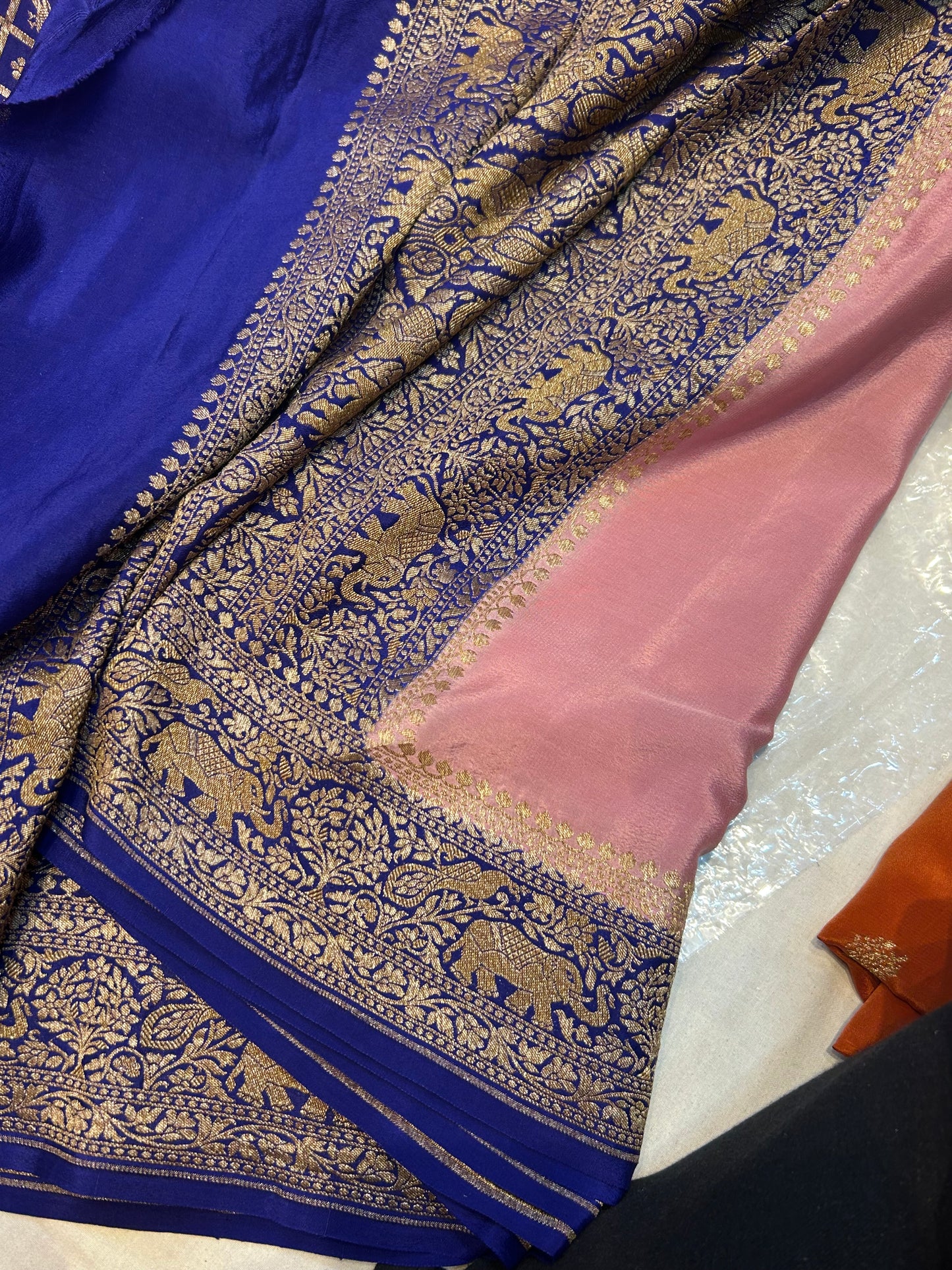 Baby pink with blue pure crepe Banarasi saree