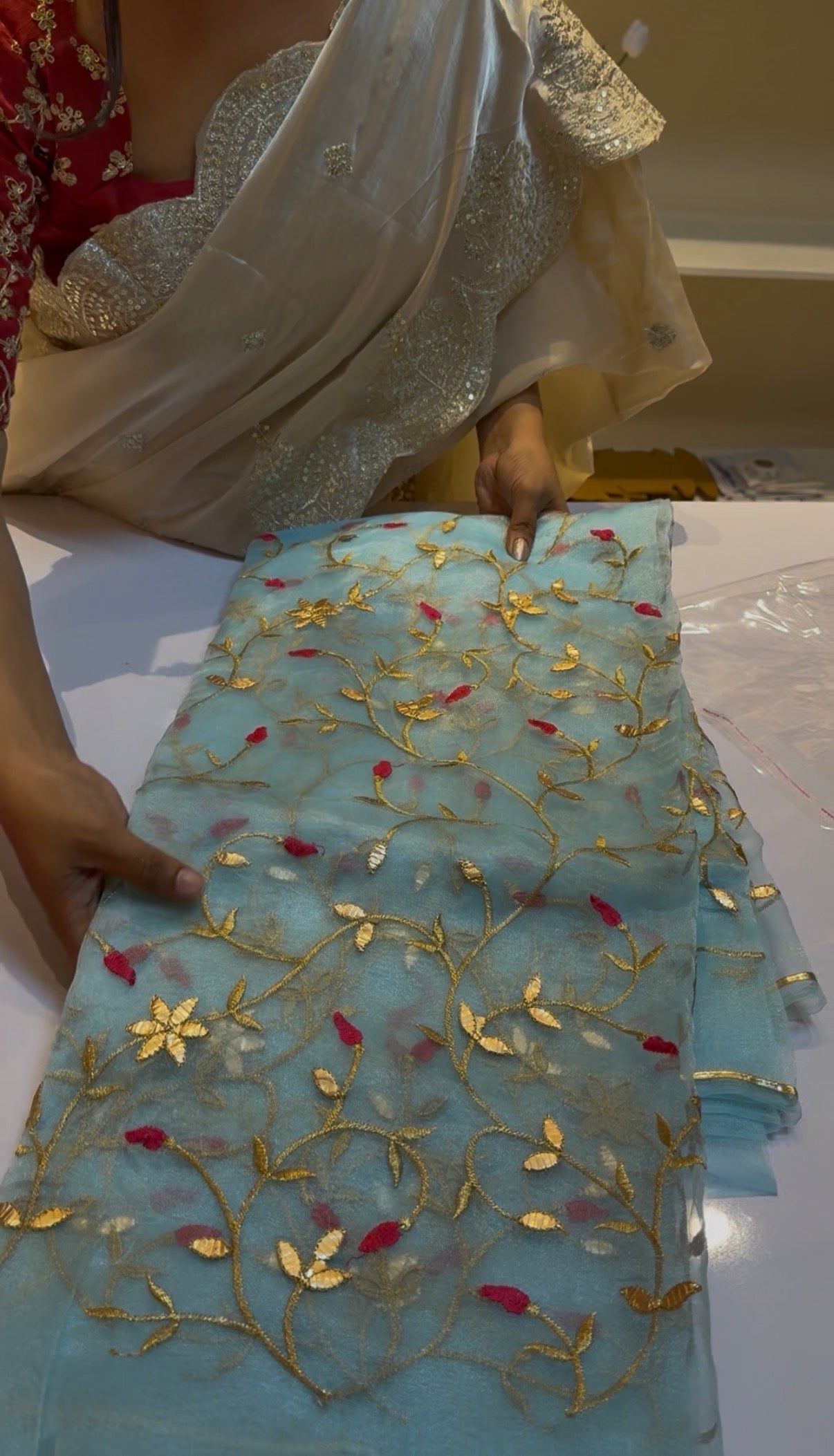 Pink With Blue Organza Saree