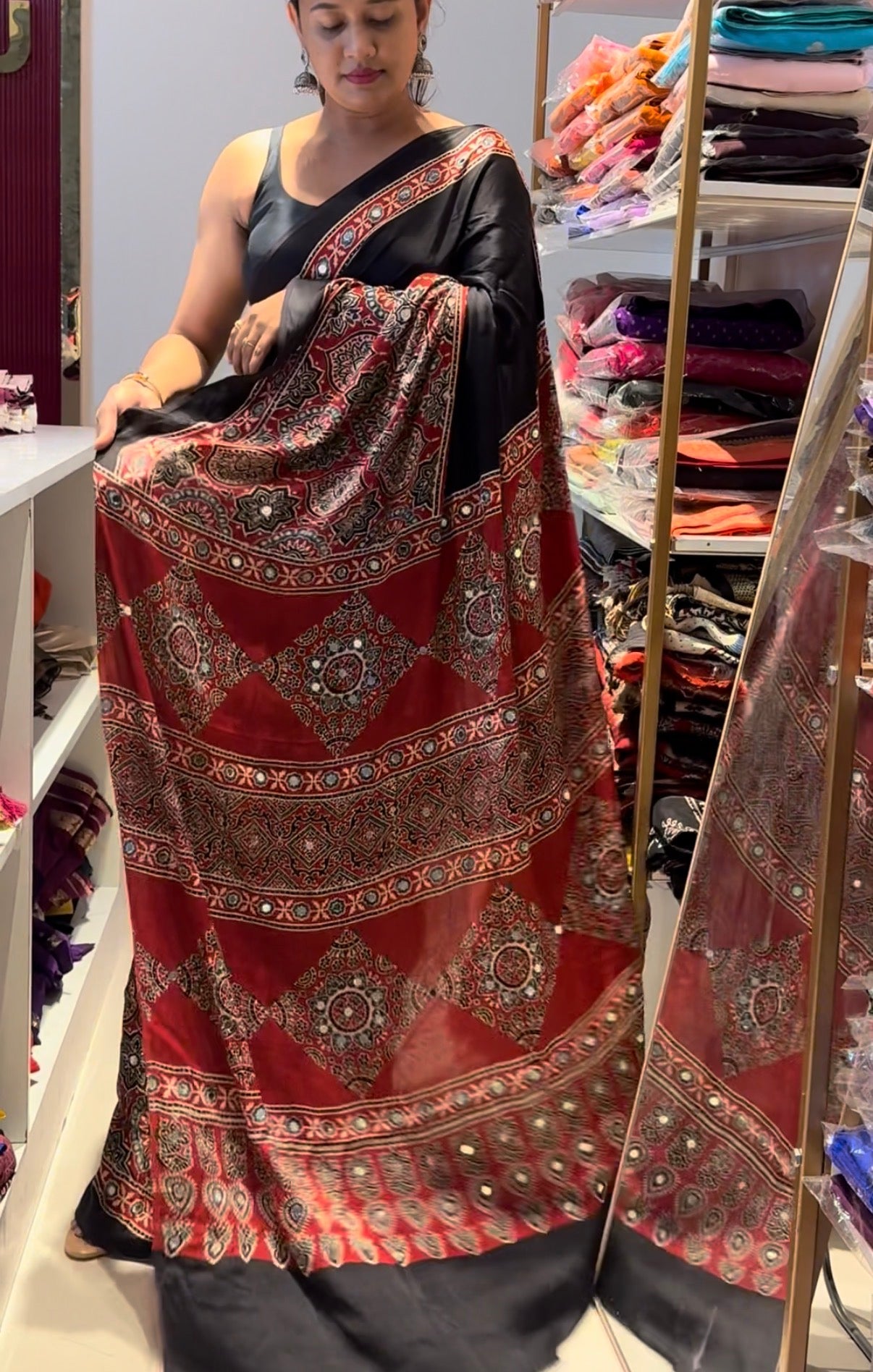 Real mirror glued black and red Ajrakh pure Modal Silk saree