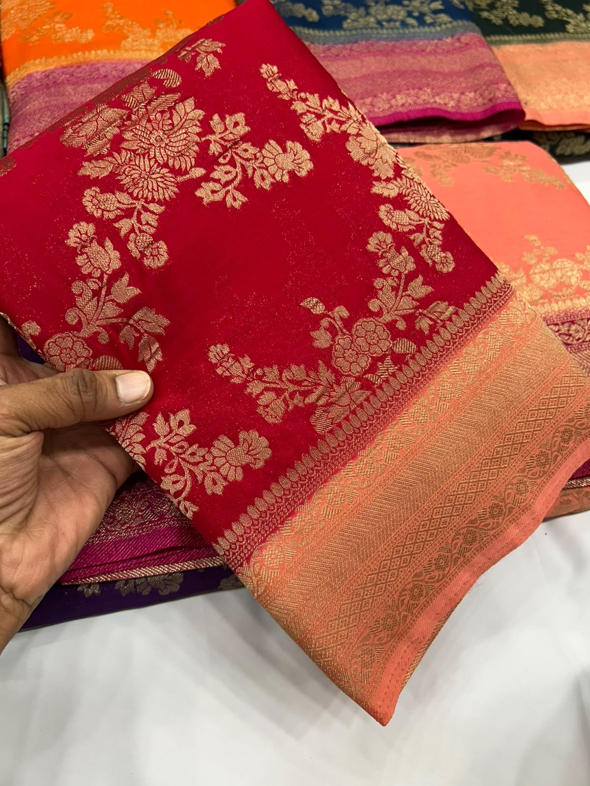 Red crushed Georgette saree