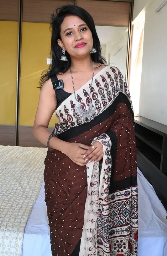 Pure bandhej ajrakh modal silk saree