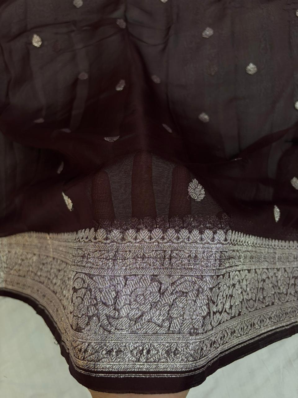 Coffe brown Pure chiffon Banarasi sarees