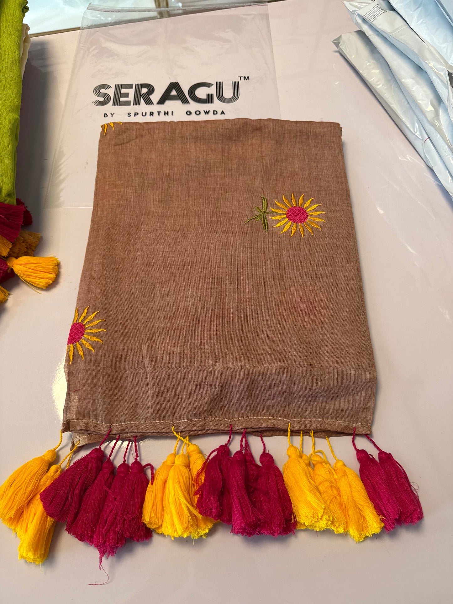 120 count pure mul Cotton With Long Tassels Saree(sunflower1)