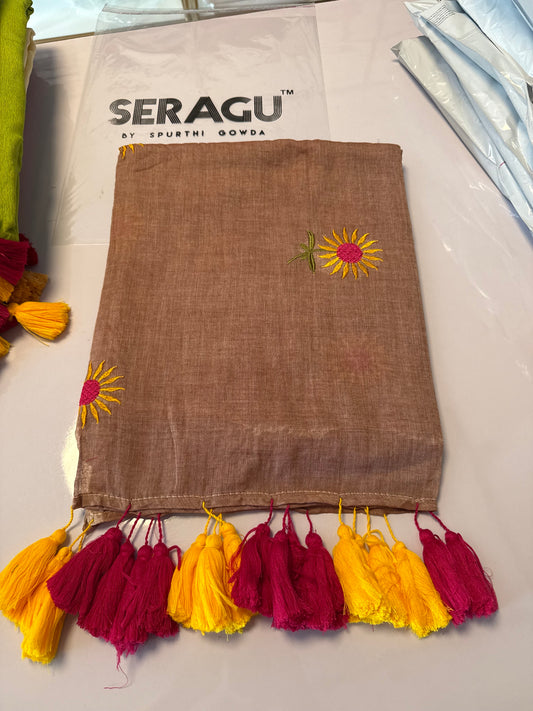 120 count pure mul Cotton With Long Tassels Saree(sunflower1)