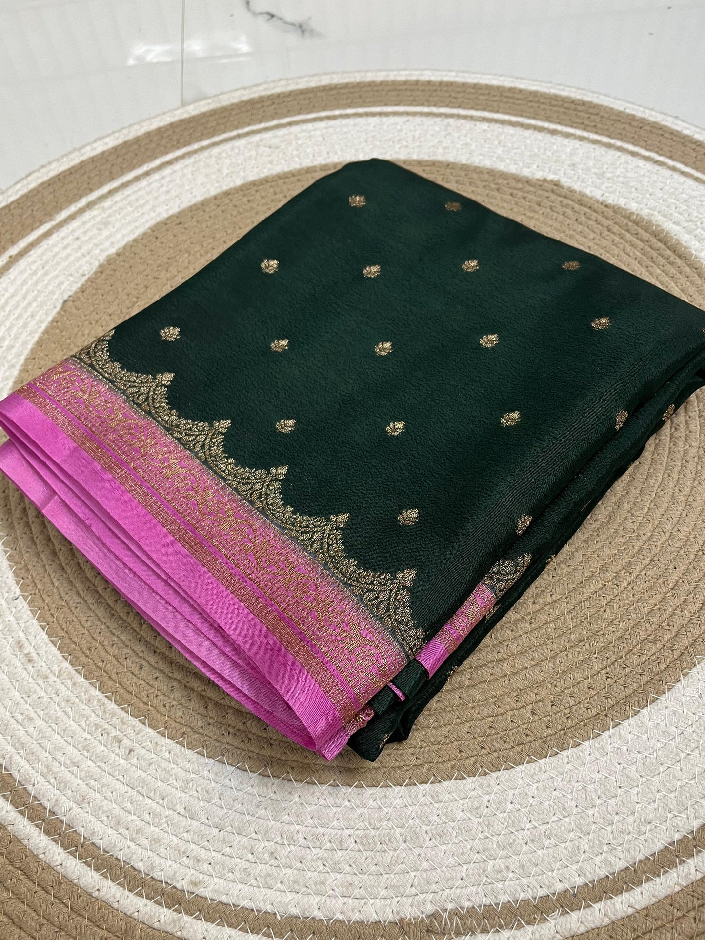 Green with pink Pure Crepe banarasi saree